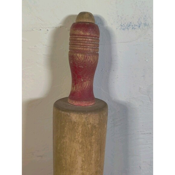 Vintage Wood Rolling Pin Red Handles 17" Farmhouse Primitive Kitchen Rustic - Picture 7 of 7